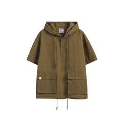 Unisex Jacket Summer Workwear with Pocket Jacket Loose Short Sleeve Hooded Jacket
