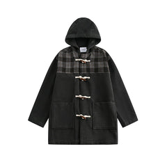 Unisex Jacket Retro Patchwork Plaid Coat Men's Horn Button Hooded Overcoat