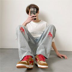 Men Jeans Embroidered Jeans Men's Spring and Autumn Baggy Straight Trousers Spring Pants