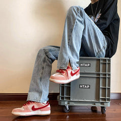 Men Jeans Retro Slit Casual Trousers Baggy Straight Trousers