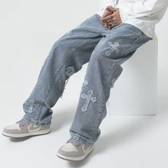 Men Jeans Cross Patchwork Jeans Hip Hop Straight Loose-Fitting Wide-Leg Trousers