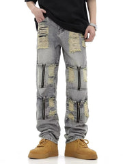 Men Jeans Vintage Distressed Multi-Pocket Straight Jeans