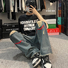 Men Jeans Ripped Jeans Men's Summer Retro Hip Hop Straight-Leg Trousers