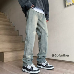 Men Jeans XINGX Printed Jeans Washed Straight Broken Holes Pants