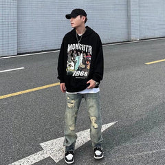 Men Jeans Washed Distressed Ripped Jeans Hiphop Loose Straight Trousers