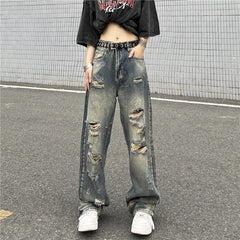 Men Jeans Retro Washed Distressed Ripped Jeans