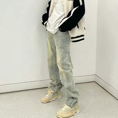 Men Jeans Loose Washed-out Old Straight-Leg Pants