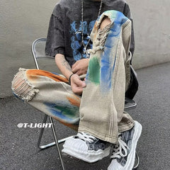 Men Jeans Washed Jeans Ripped Tie-Dye Pants Men Straight-Leg Pants