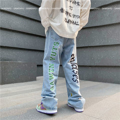 Men Jeans Embroidered Jeans Straight Oldschool Trousers