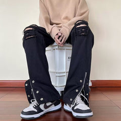 Men Jeans Black Ripped Jeans Spring and Autumn Zipper Straight-Leg Pants