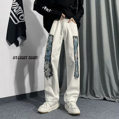 Men Jeans Patchwork Stitching Jeans Loose Straight Trousers