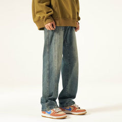 Men Jeans Washed Worn Jeans Men's Straight-Leg Trousers Wide Leg Pants