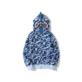 Bathing Ape Hoodie Camouflage Double Hat Autumn/Winter Fleece Cardigan Zipper Loose Shark