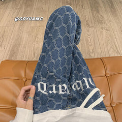 Men Jeans Vintage Embroidered Jeans Men's Autumn Loose Straight Wide-Leg Pants