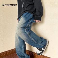 Men Jeans Vintage Brown Jeans Men's Autumn Loose Straight Wide Leg Pants