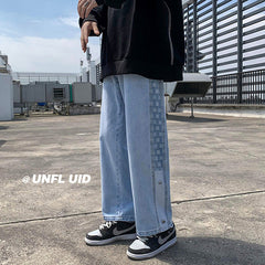 Men Jeans Plaid Denim Trousers Men Spring Autumn Loose Straight Wide Leg Pants