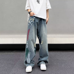 Men Jeans Water Washed Hole Jeans Men's Summer Loose Wide-Leg Straight Pants