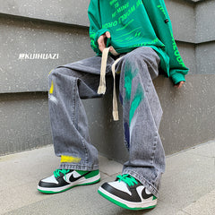 Men Jeans Graffiti Jeans Spring Straight-Leg Pants Loose-Fitting Wide-Leg Trousers