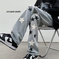 Men Jeans Five-Pointed Star Ripped Jeans Men's Spring Loose Straight Wide-Leg Pants