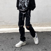 Men Jeans Vintage Black Knee Ripped Zipper Jeans