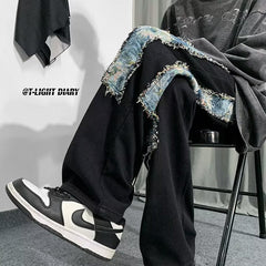 Men Jeans Patchwork Stitching Jeans Loose Straight Trousers