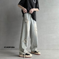 Men Jeans Five-Pointed Star Summer Washed-out Vintage Wide Leg Denim Trousers