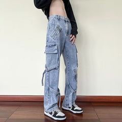 Men Jeans Lace-up Jeans Men's Straight Slim-Fit Zipper Overalls