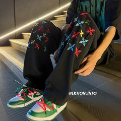 Men Jeans Embroidered Jeans Baggy Straight Trousers