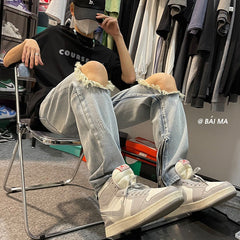 Men Jeans Retro Washed Make Old Ripped Jeans Zipper Trousers