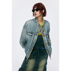 Unisex Jacket Embroidered Vintage Washed Denim Jacket Loose-Fitting Denim Clothes Jacket