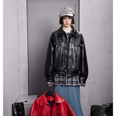 Unisex Jacket Fall Loose Lapels PU Leather Jacket Retro Biker's Coat