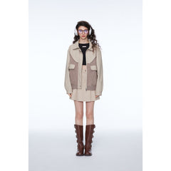 Unisex Jacket Retro Houndstooth Stitching Polo Collar Jacket Baggy Coat