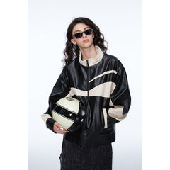 Unisex Jacket Retro Patchwork Jacket Loose PU Leather Coat