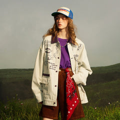 Unisex Jacket Vintage Denim Jacket Printed Loose Denim Jacket Denim Coat