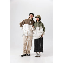 Unisex Jacket Vintage Color Contrast Patchwork Hooded Jacket Shell Jacket Baggy Coat
