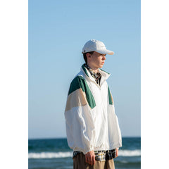 Unisex Jacket Retro Patchwork Contrast Color Loose Stand-up Collar Jacket