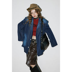 Unisex Jacket Vintage Suit Collar Denim Coat Striped Jacket