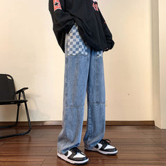 Men Jeans Autumn and Winter Chessboard Plaid Jeans Loose Straight Casual Working Pants