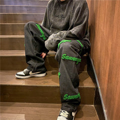 Men Jeans Embroidered Washed-out Vintage Jeans Straight-Leg Pants