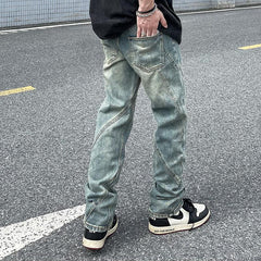 Men Jeans Washed Distressed Stitching Jeans Loose Straight Trousers