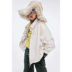 Unisex Jacket Vintage Suede Stitching Pu Turn-down Collar Coat Men and Women Loose Jacket