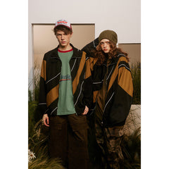 Unisex Jacket Spring and Autumn Retro Patchwork Contrast Color Stand-up Collar Coat
