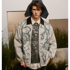 Unisex Jacket Vintage Thorn Print Overalls Men and Women Loose-Fitting Jacket Top
