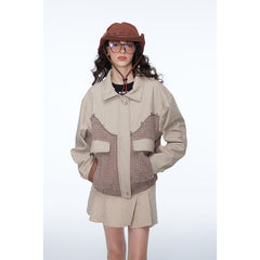 Unisex Jacket Retro Houndstooth Stitching Polo Collar Jacket Baggy Coat