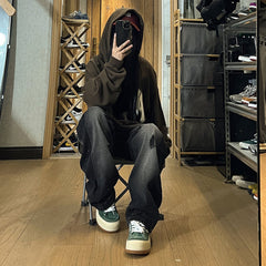 Men Jeans Black Ripped Jeans Men's Autumn Loose Straight Wide-Leg Pants