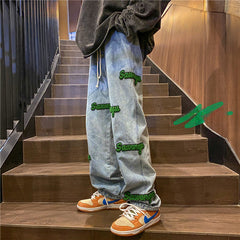 Men Jeans Flocking Embroidered Jeans Men's Spring and Autumn Loose Straight-Leg Wide-Leg Pants