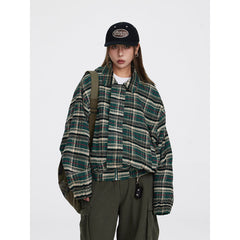 Unisex Jacket Vintage Plaid Lapel Jacket for Men and Women Loose Overalls