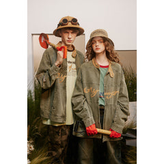 Unisex Jacket Vintage Racing Stand Collar Denim Jacket Spring and Autumn Coat Motorcycle Jacket