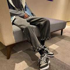 Men Jeans Summer Jeans Loose Wide Leg Pants Straight Plaid Pants