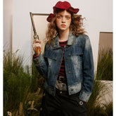 Unisex Jacket Vintage Top Washed Denim Jacket for Women Turn-down Collar Coat Spring and Autumn